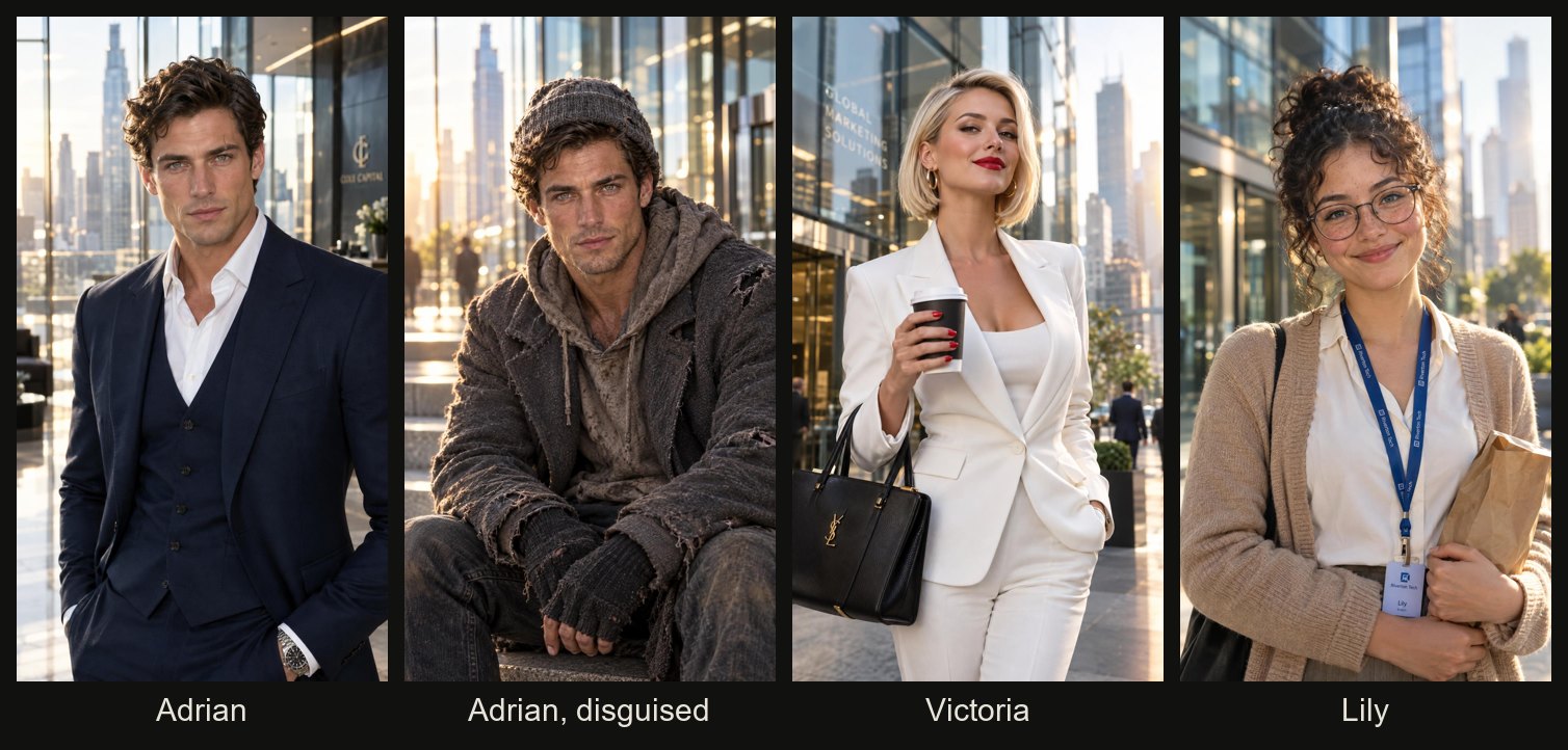 The cast of the AI micro drama: Adrian in a suit and in disguise, Victoria and Lily