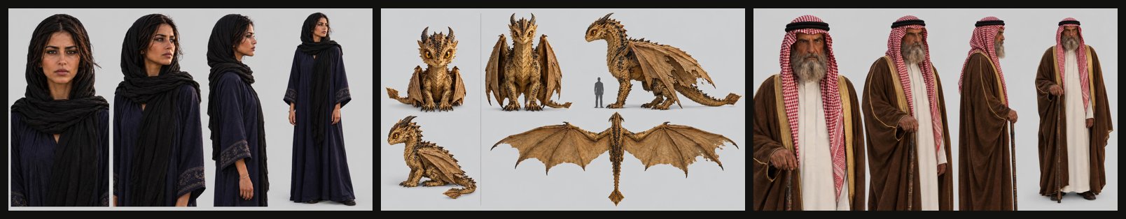 AI movie character sheets: Noor, the dragon Raml and the Sheikh