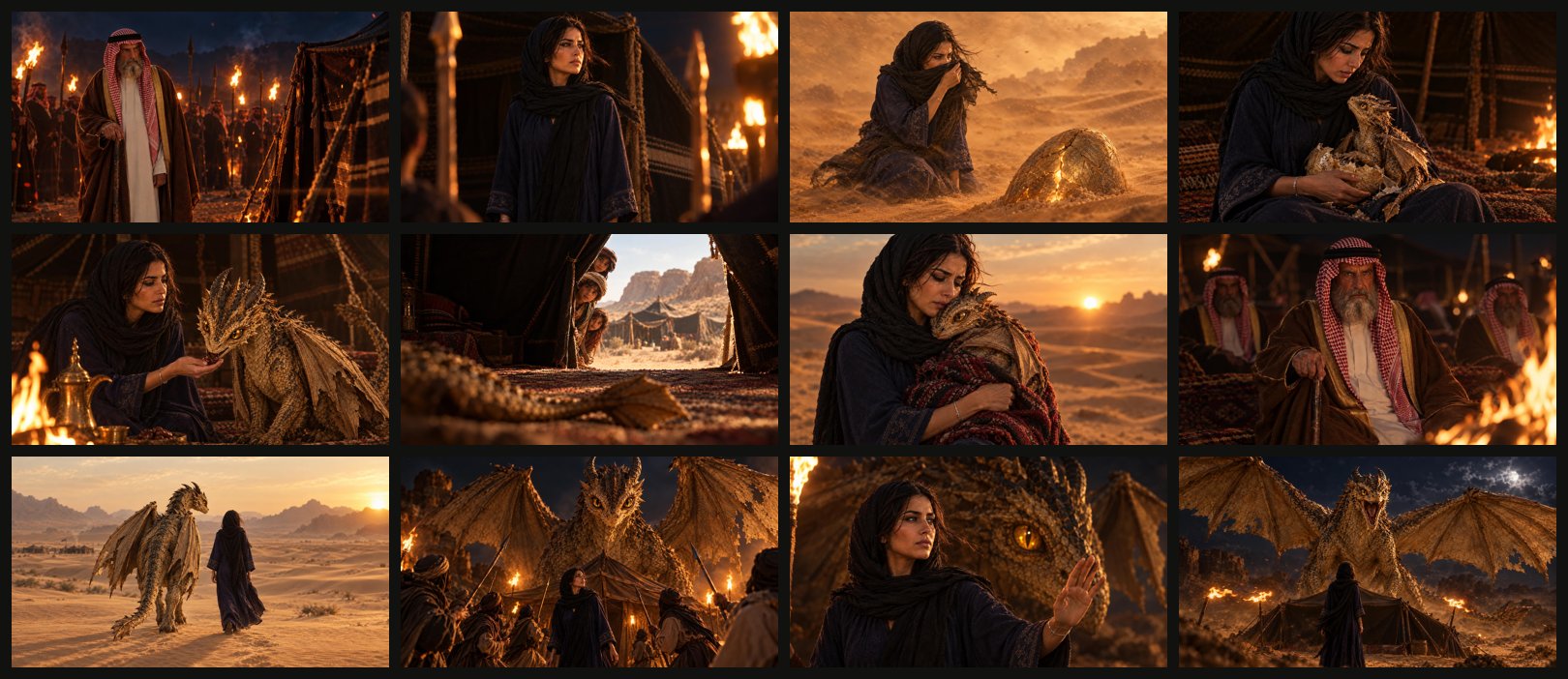 Twelve AI movie stills of The Sand Dragon with the same characters