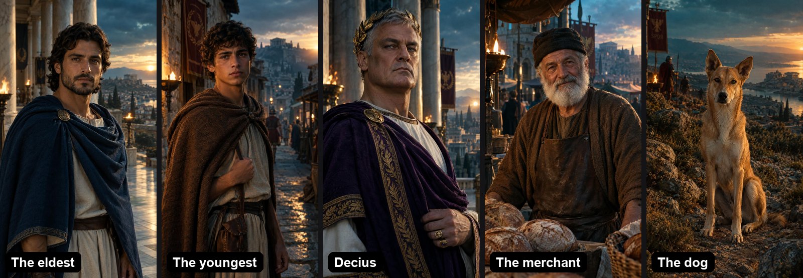 The cast of the AI Quran story movie: the eldest, the youngest, King Decius, the merchant and the dog