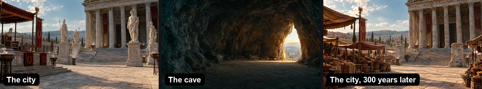 The places of the film: the city of Ephesus, the cave, and the same square 300 years later