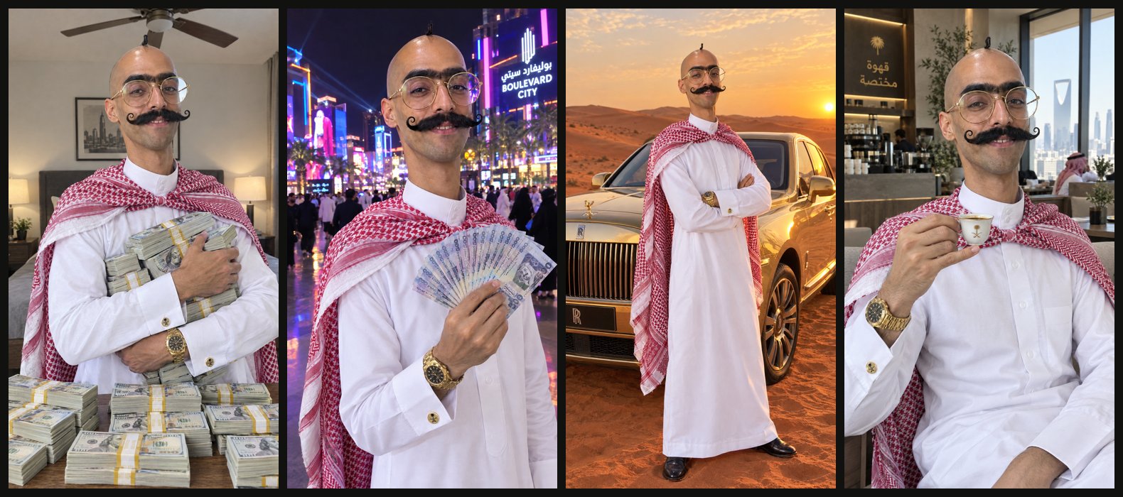 The same AI influencer in four scenes: cash, Riyadh Boulevard, the desert, a café